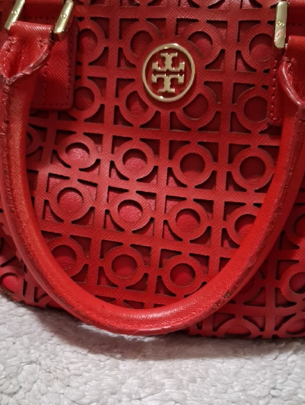 Tory Burch Red Perforated Leather Satchel with Removable Strap - Picture 10 of 15